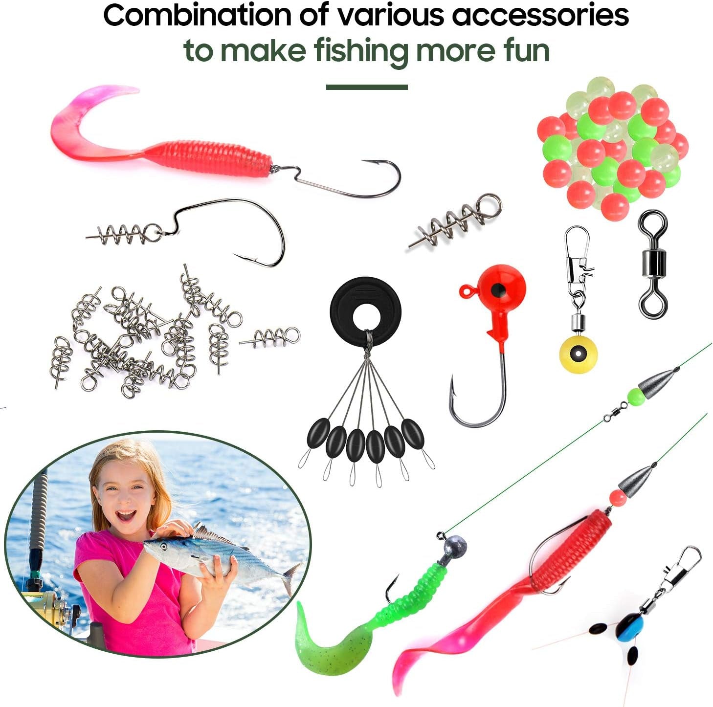 Fishing Accessories Equipment Kit Rig Set Including Sinker Bullet Weights,Fishing Swivels Snap,Sinker Slides,Jig Hook,Fishing Tackle Box for Bass Trout Freshwater Saltwater