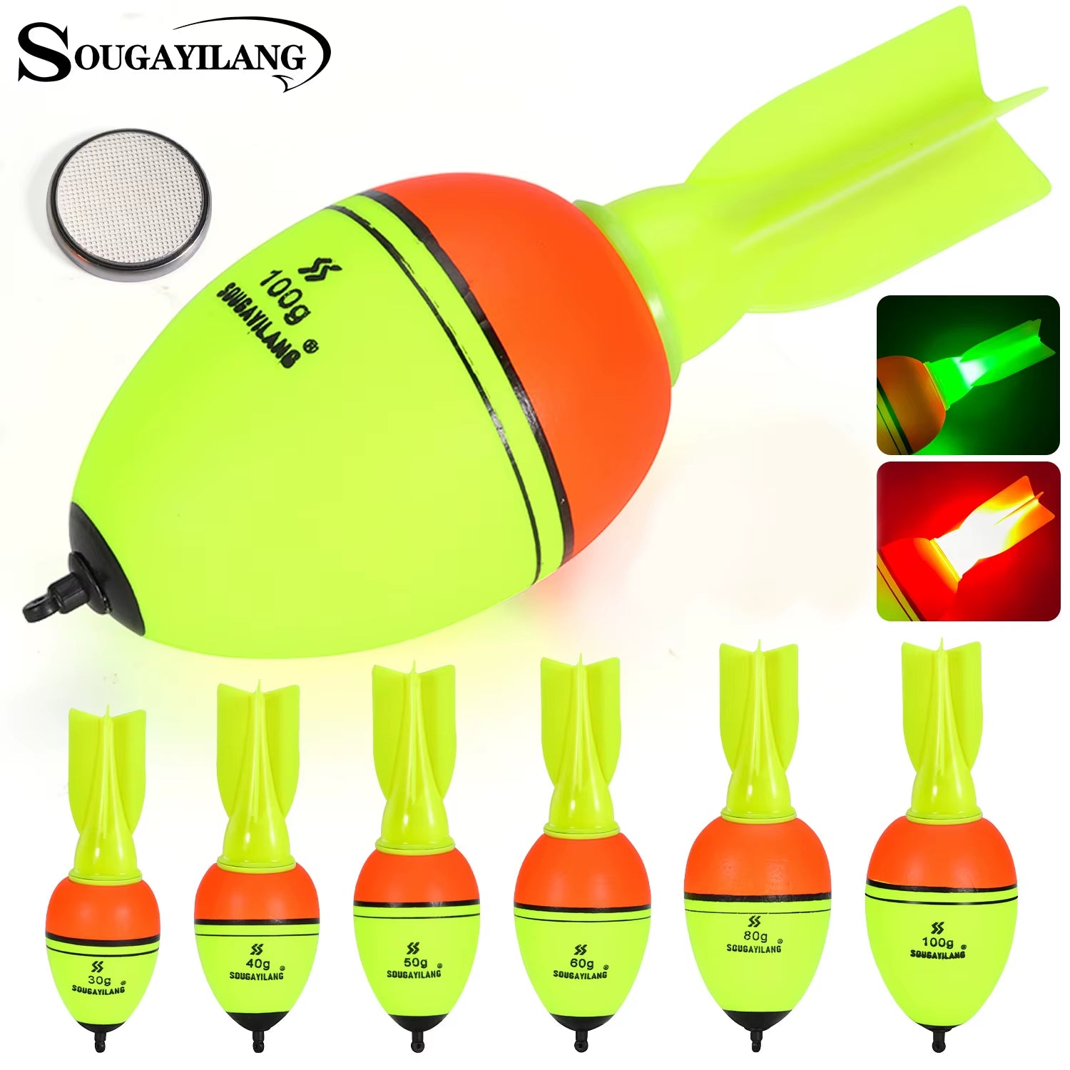 Luminous Fish Floats Rocket Shape 2Pcs with 6 Size -High Density Foam Material for 30-100G Buoyancy Fishing Gear ﻿