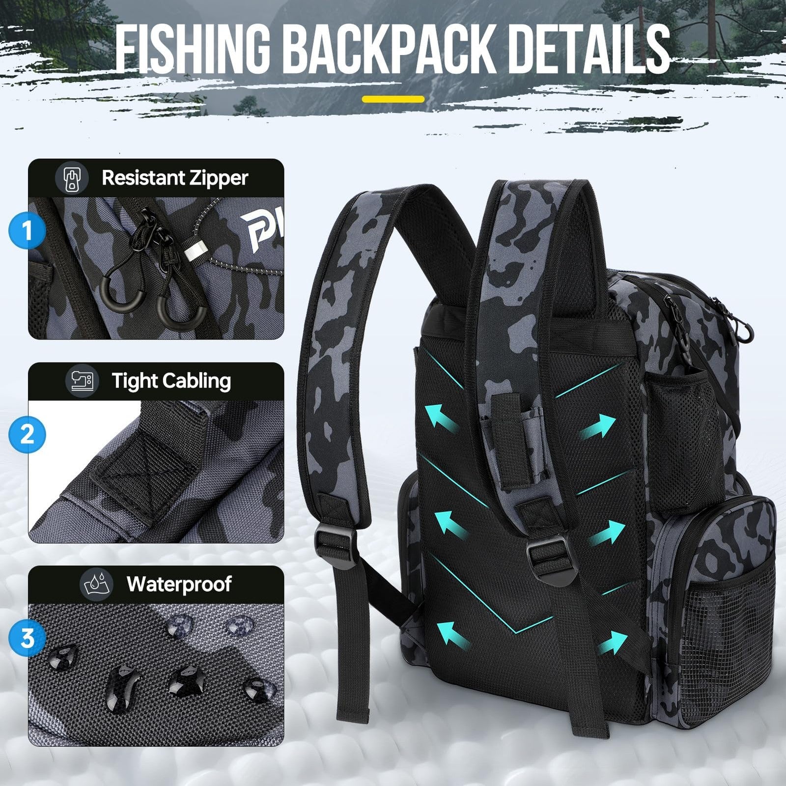 Fishing Backpack with Rod Holders & Cooler, 45L Large Water-Resistan