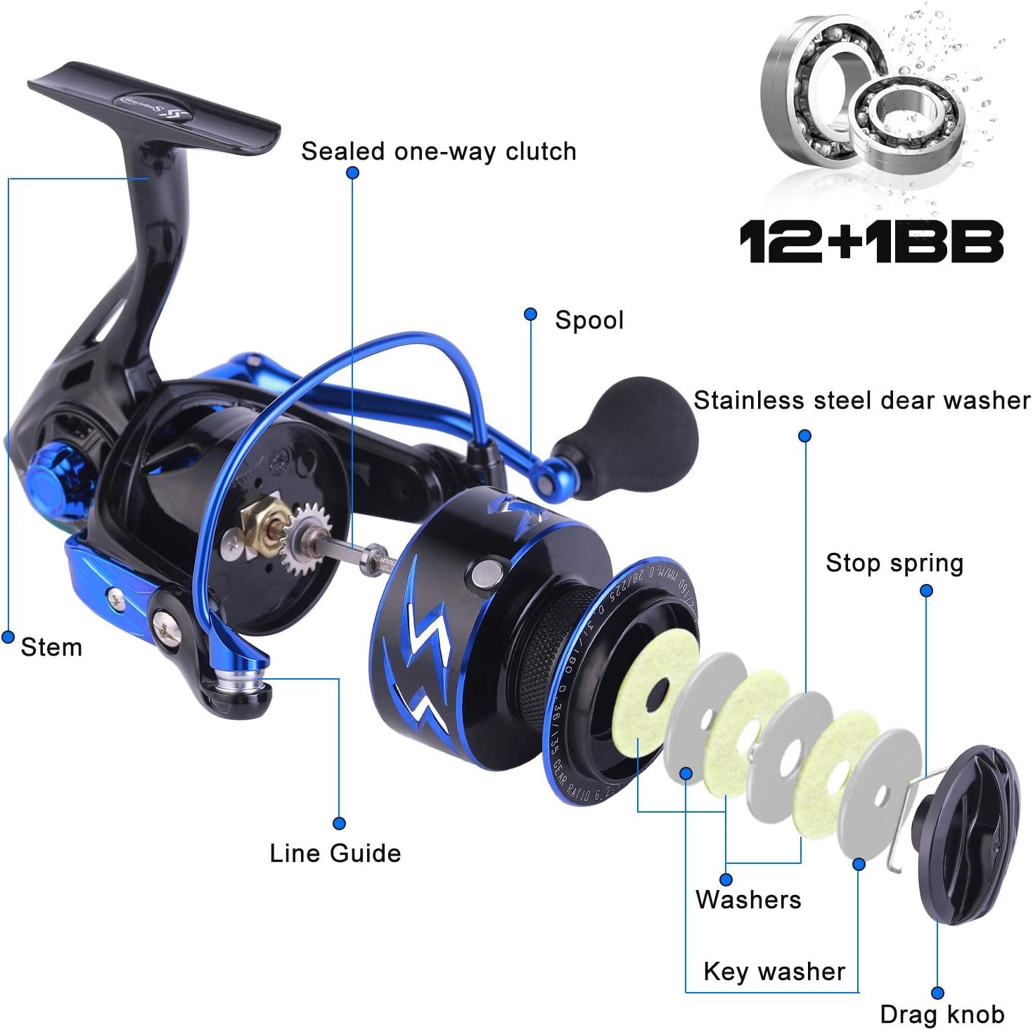 Spinning Reels Ultra-Weight, 6.2: 1 High Speed ​​Gear Ratio, Metal Frame and Rotor, 12 + 1 Shielded BB, Smooth Powerful Freshwater and Saltwater Spinning Fishing Reel