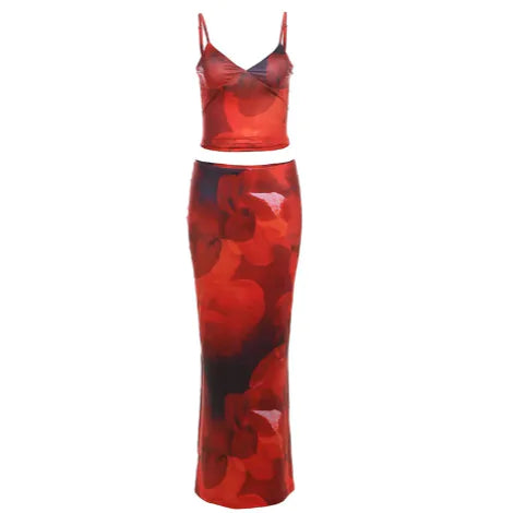 3D Print High Waist Slim Dress Set