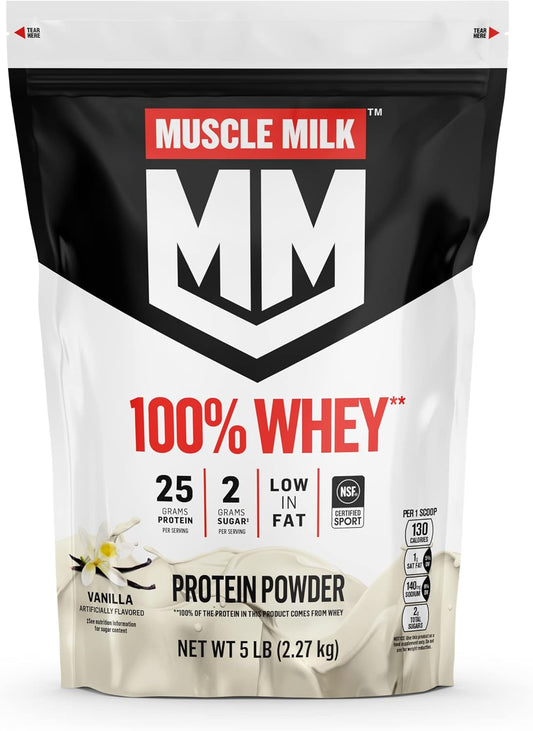 100% Whey Protein Powder, Vanilla, 5 Pound, 68 Servings, 25G Protein, 2G Sugar, Low in Fat, NSF Certified for Sport, Energizing Snack, Workout Recovery, Packaging May Vary