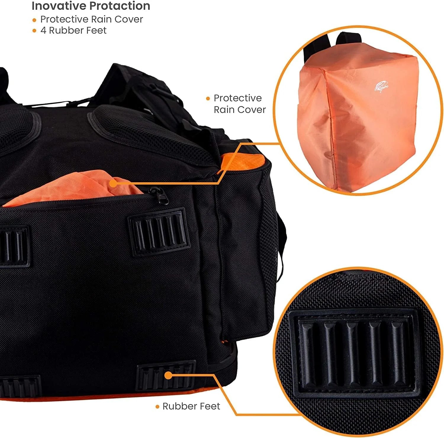Fishing Backpack Waterproof Tackle Bag with Protective Rain Cover Includes 4 Tackle Boxes Stainless Steel Fishing Pliers and Lanyard, Black/Orange