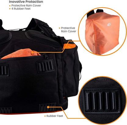 Fishing Backpack Waterproof Tackle Bag with Protective Rain Cover Includes 4 Tackle Boxes Stainless Steel Fishing Pliers and Lanyard, Black/Orange