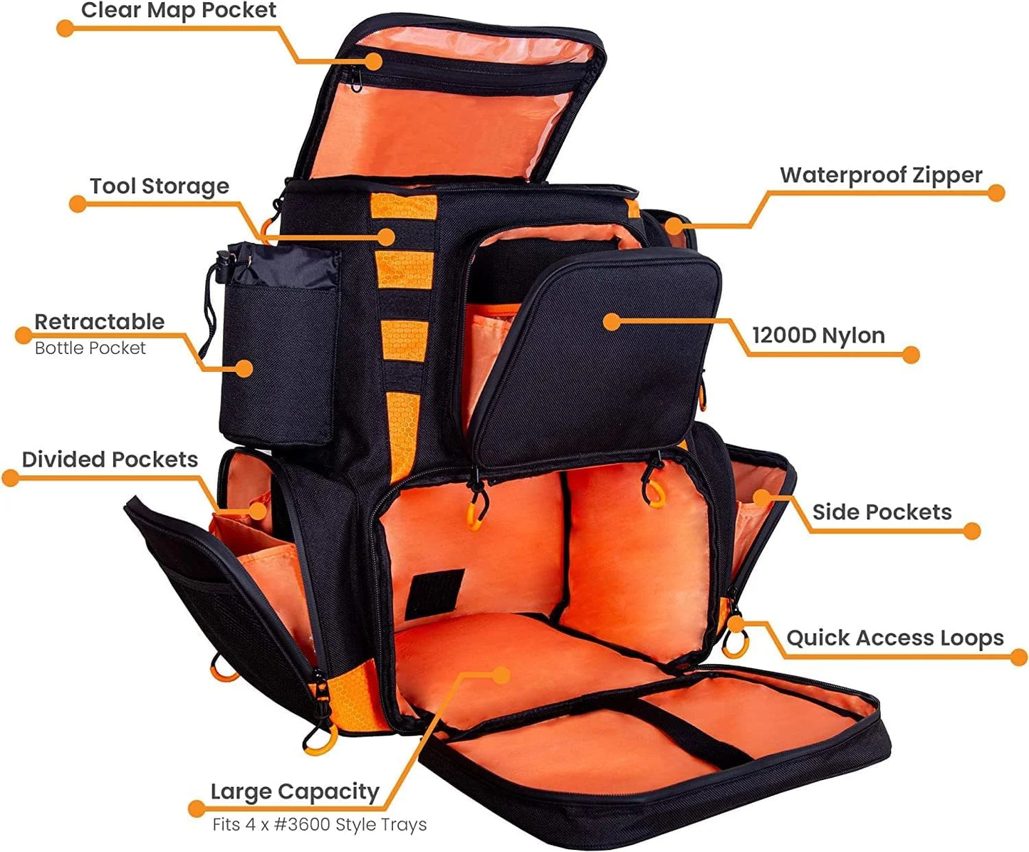 Fishing Backpack Waterproof Tackle Bag with Protective Rain Cover Includes 4 Tackle Boxes Stainless Steel Fishing Pliers and Lanyard, Black/Orange