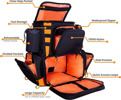 Fishing Backpack Waterproof Tackle Bag with Protective Rain Cover Includes 4 Tackle Boxes Stainless Steel Fishing Pliers and Lanyard, Black/Orange
