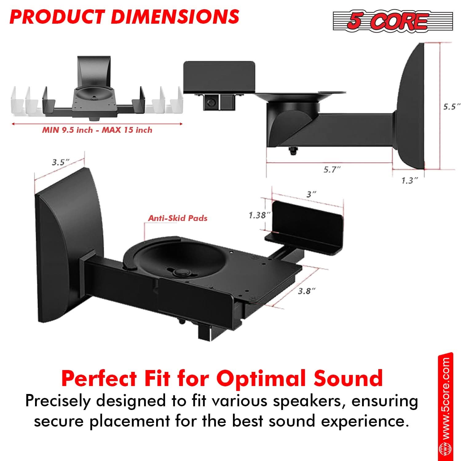 5Core Speaker Wall Mount Adjustable Swivel 15 Inch Space Bookshelf Brackets Pair-4
