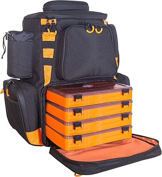 Fishing Backpack Waterproof Tackle Bag with Protective Rain Cover Includes 4 Tackle Boxes Stainless Steel Fishing Pliers and Lanyard, Black/Orange