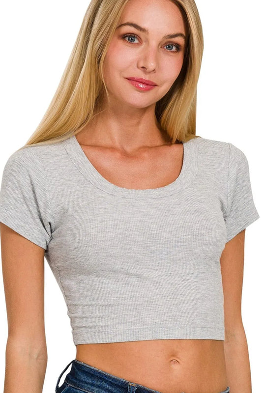 Zenana Ribbed Scoop Neck Crop Short Sleeve Top-0