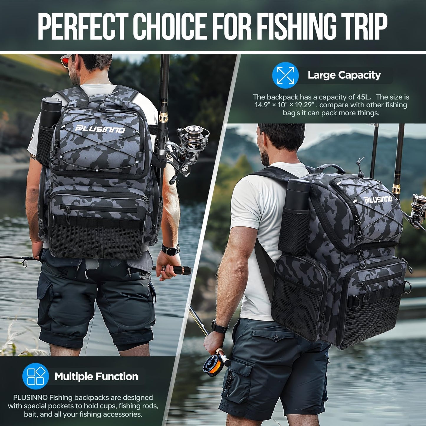 Fishing Backpack with Rod Holders & Cooler, 45L Large Water-Resistan