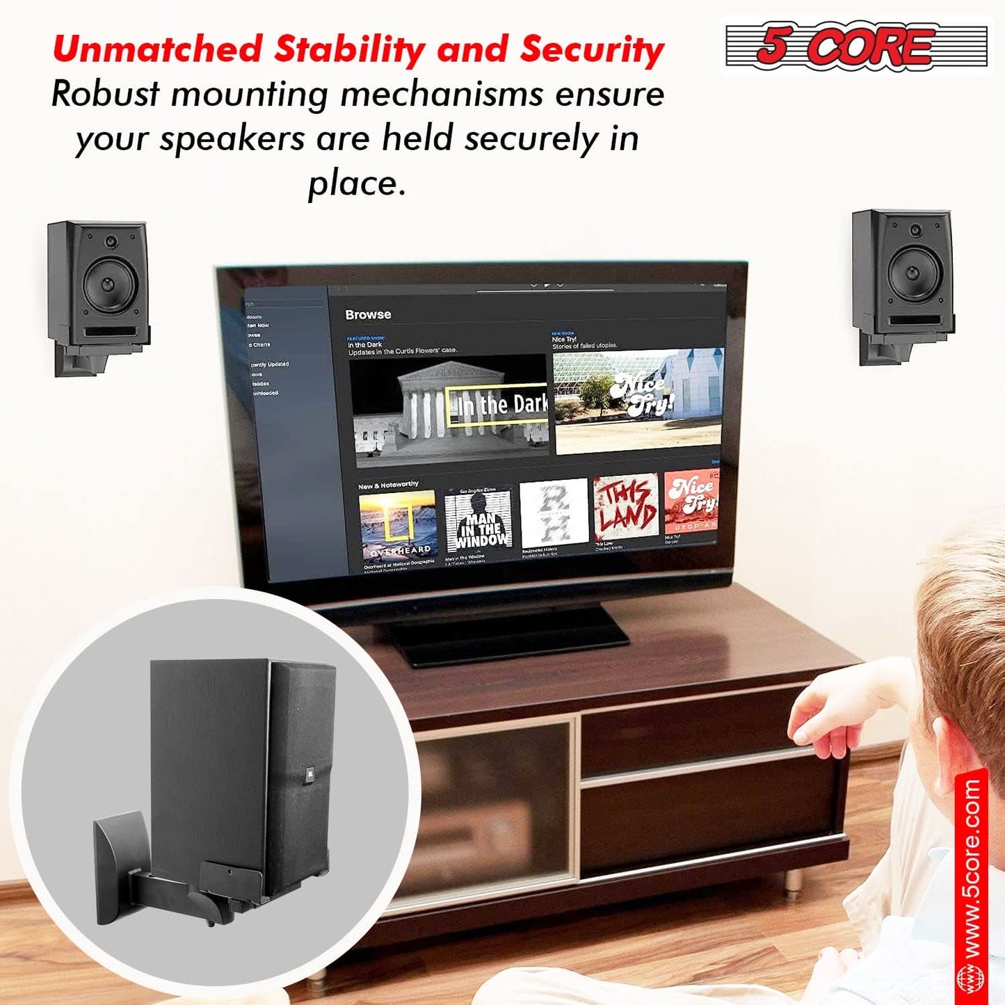 5Core Speaker Wall Mount Adjustable Swivel 15 Inch Space Bookshelf Brackets Pair-2