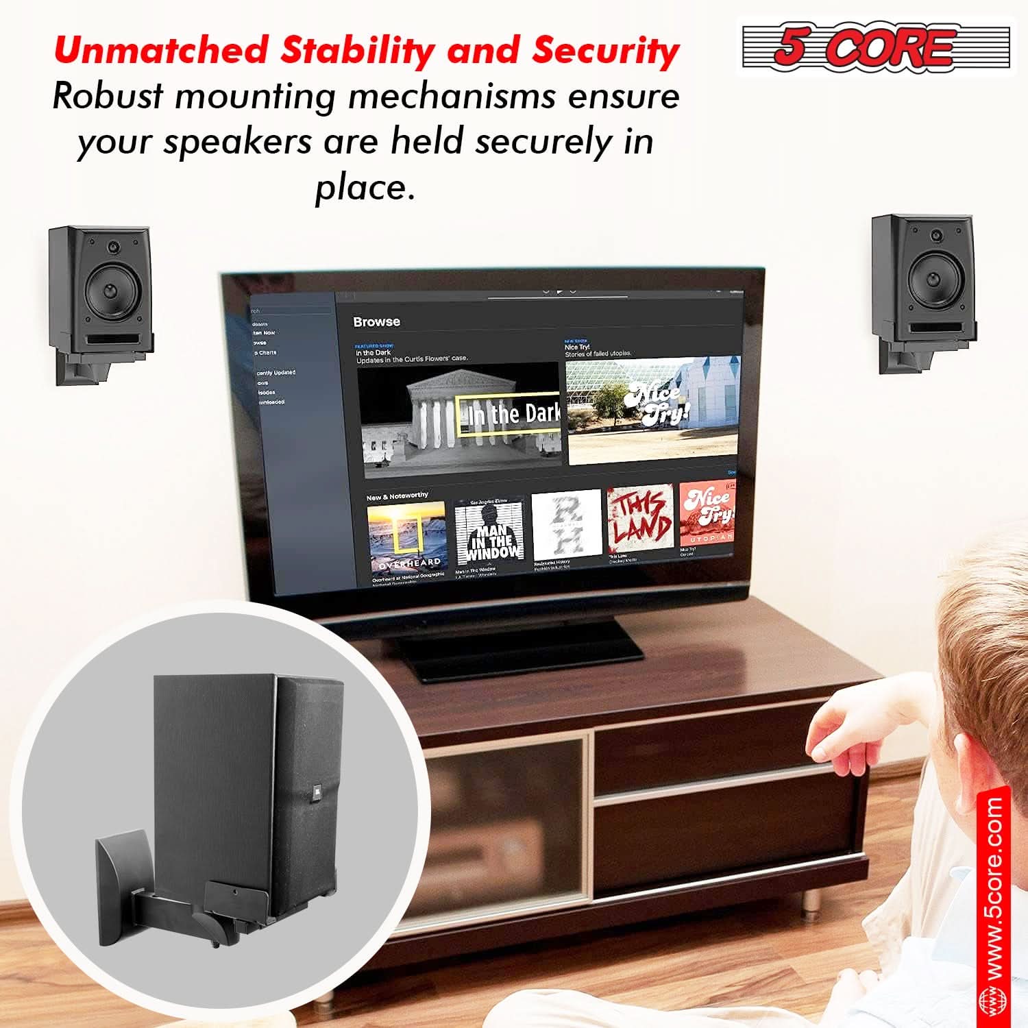 5Core Speaker Wall Mount Adjustable Swivel 15 Inch Space Bookshelf Brackets Pair-2
