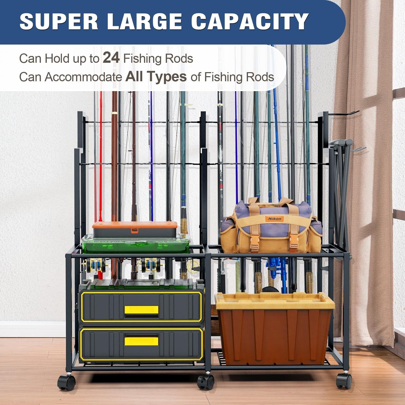 Miratino Fishing Rod Holders for Garage, 24 Rods Large-Capacity Fishing Pole ...