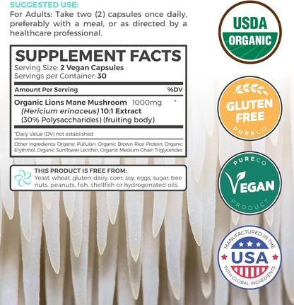 Organic Lion’S Mane Supplement, 10:1 Lion’S Mane Extract for Energy, Memory & Focus, 60 Caps
