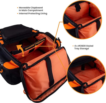 Fishing Backpack Waterproof Tackle Bag with Protective Rain Cover Includes 4 Tackle Boxes Stainless Steel Fishing Pliers and Lanyard, Black/Orange
