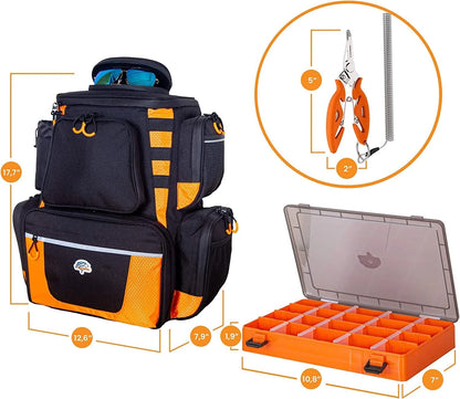 Fishing Backpack Waterproof Tackle Bag with Protective Rain Cover Includes 4 Tackle Boxes Stainless Steel Fishing Pliers and Lanyard, Black/Orange