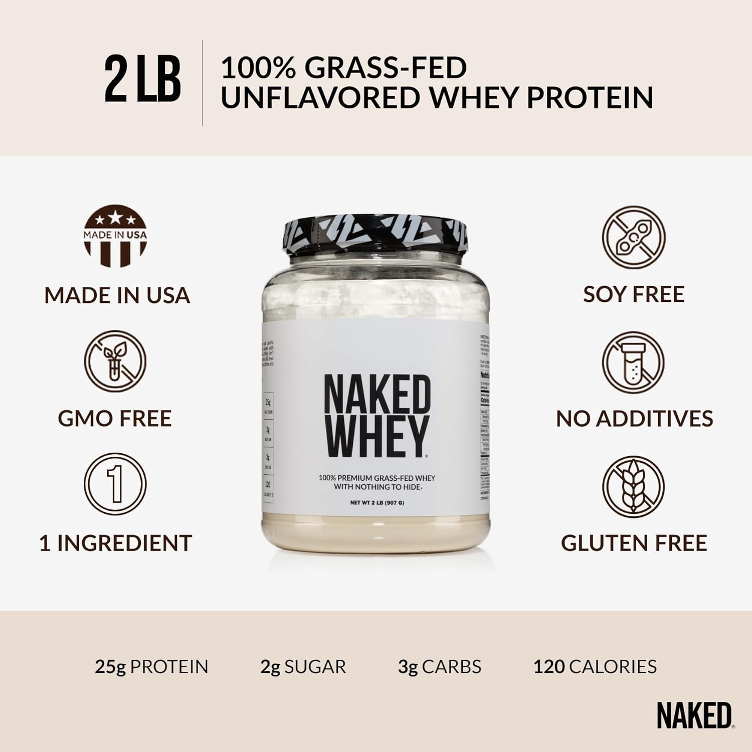 Naked Whey 2LB 100% Grass Fed Whey Protein Powder - Only 1 Ingredient, Unflavore