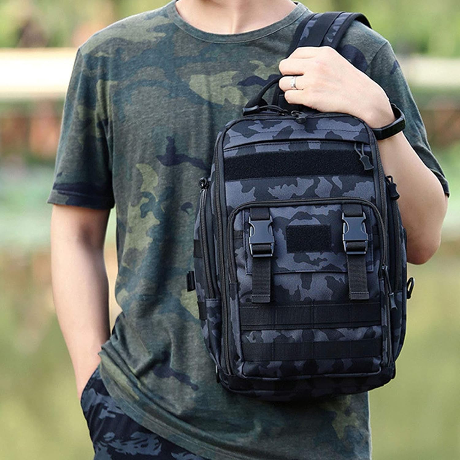 Fishing Tackle Backpack Storage Bag Outdoor Shoulder Backpack Waterproof Cross Body Sling Bag Fishing Gear Bag with Rod Holder (Green Camo + Tackle Box)