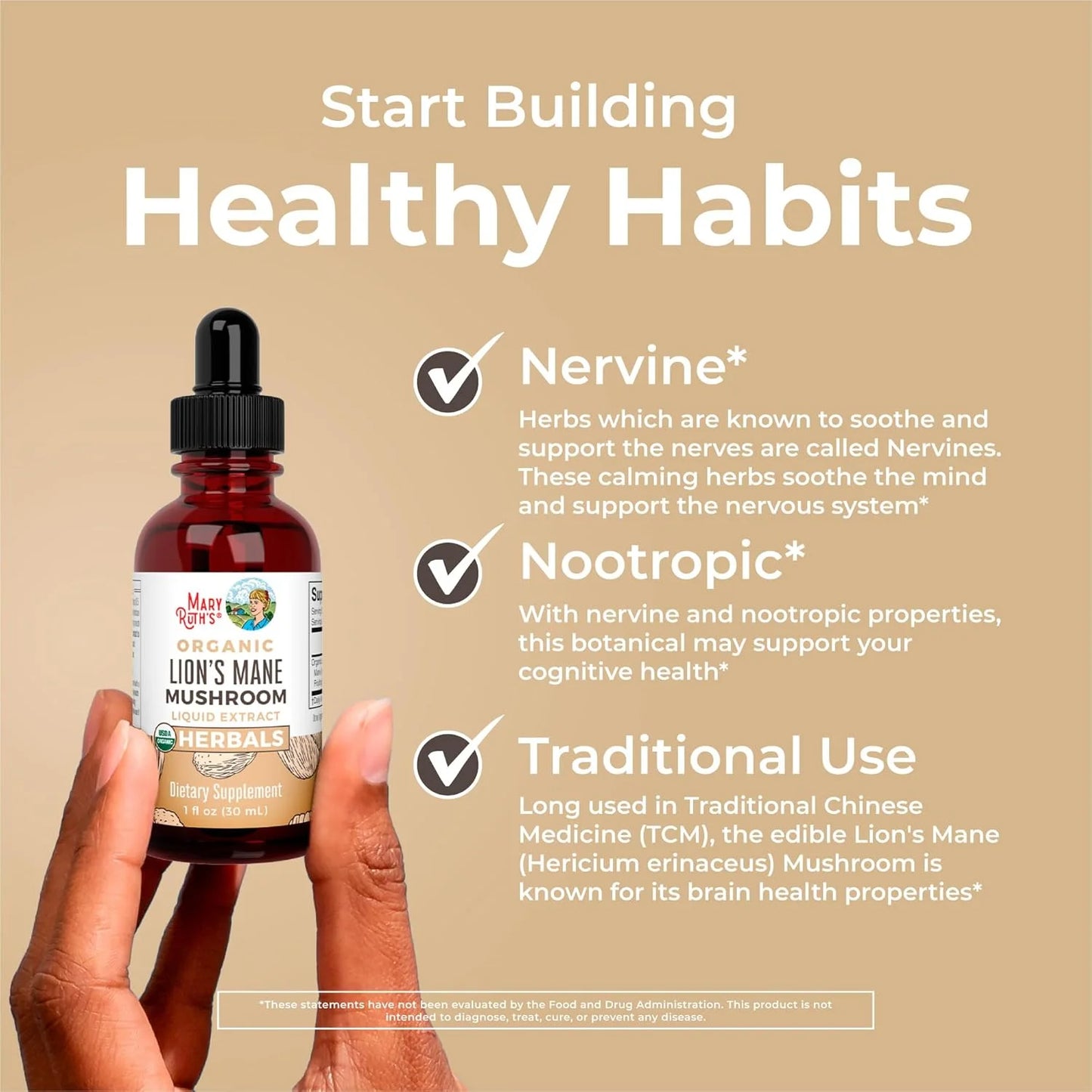 USDA Organic Lion’S Mane Mushroom Liquid Drops Nootropic Herbal Supplement Vegan, Non-Gmo 1 Fl Oz / 30 Ml