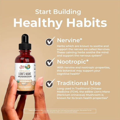 USDA Organic Lion’S Mane Mushroom Liquid Drops Nootropic Herbal Supplement Vegan, Non-Gmo 1 Fl Oz / 30 Ml