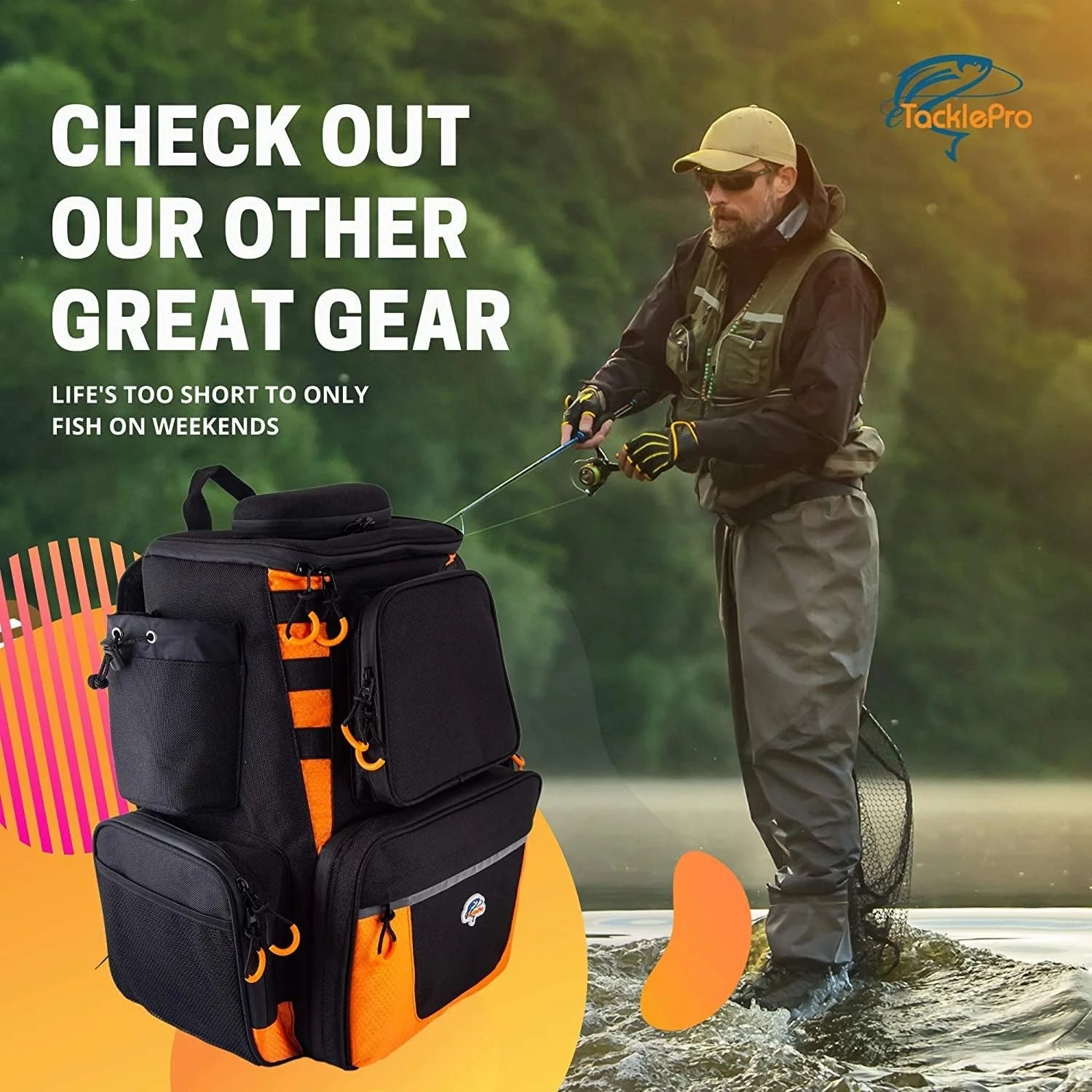 Fishing Backpack Waterproof Tackle Bag with Protective Rain Cover Includes 4 Tackle Boxes Stainless Steel Fishing Pliers and Lanyard, Black/Orange