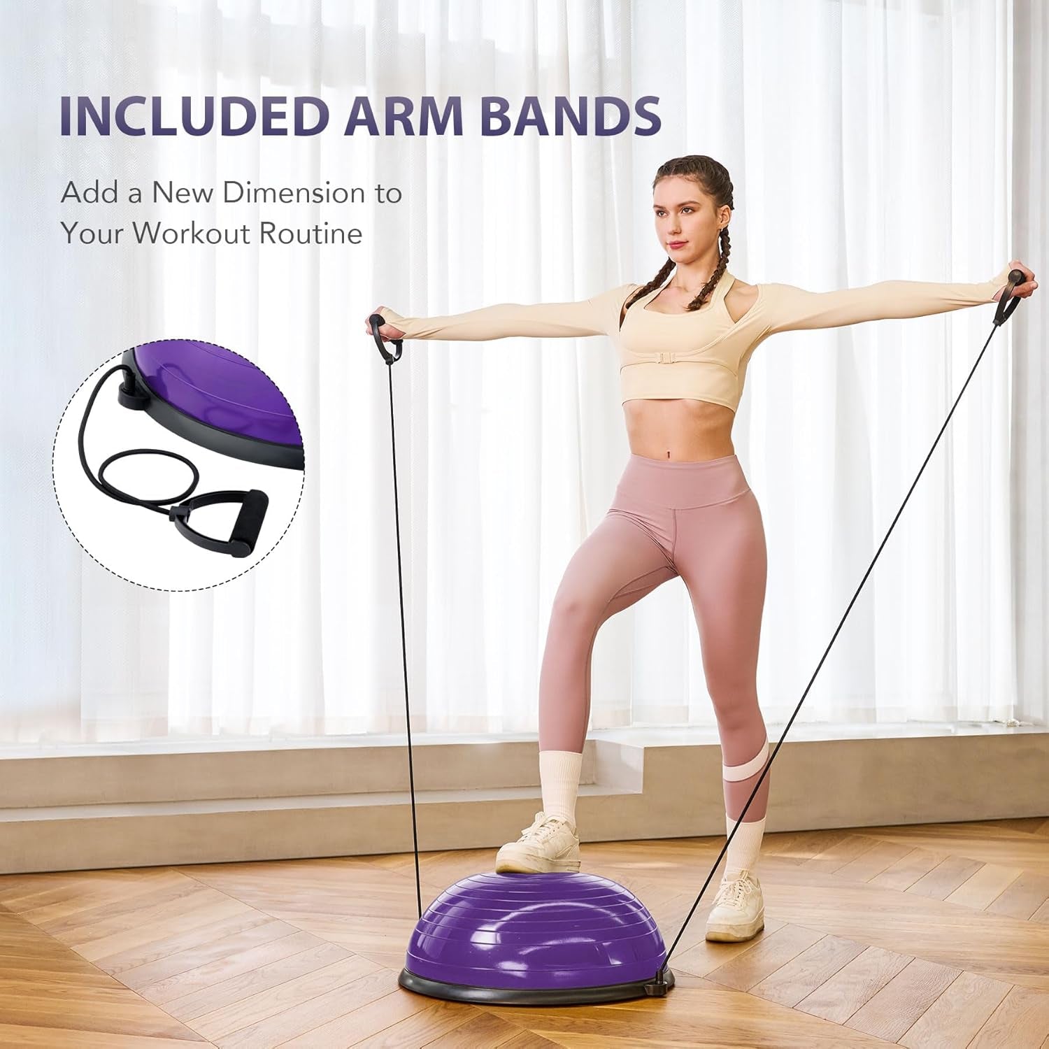 Balance Ball Trainer with Resistance Bands and Foot Pump, Inflatable Yoga Ball for Home Gym Workouts, 23 Inch Exercise Half Ball for Balance Training Core Strength Fitness More, 330Lb Cap