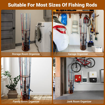 Fishing Rod Holders for Garage Wood Pole Rack Floor Stand Holds up to 15 Rods