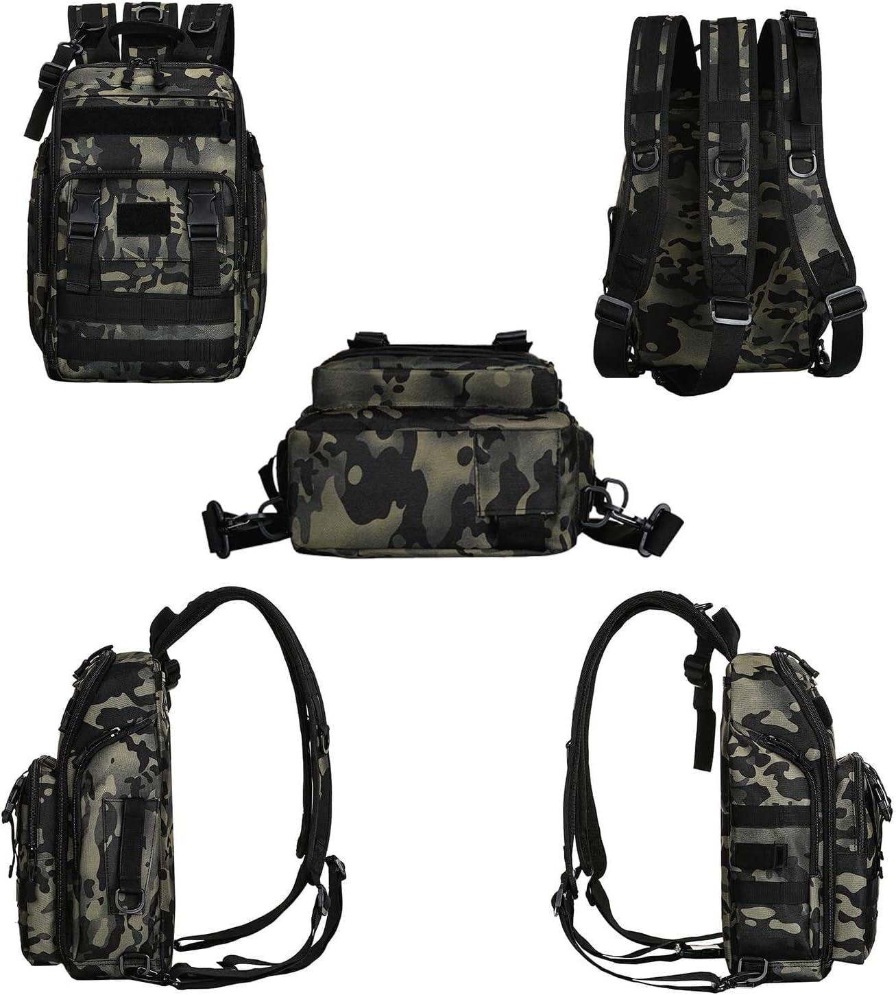 Fishing Tackle Backpack Storage Bag Outdoor Shoulder Backpack Waterproof Cross Body Sling Bag Fishing Gear Bag with Rod Holder (Green Camo + Tackle Box)