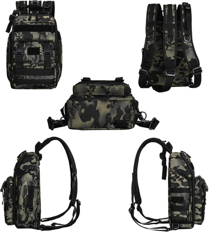 Fishing Tackle Backpack Storage Bag Outdoor Shoulder Backpack Waterproof Cross Body Sling Bag Fishing Gear Bag with Rod Holder (Green Camo + Tackle Box)