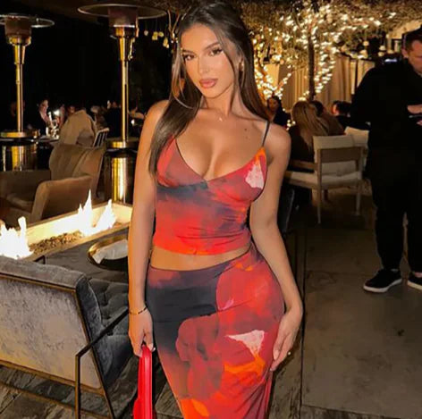 3D Print High Waist Slim Dress Set