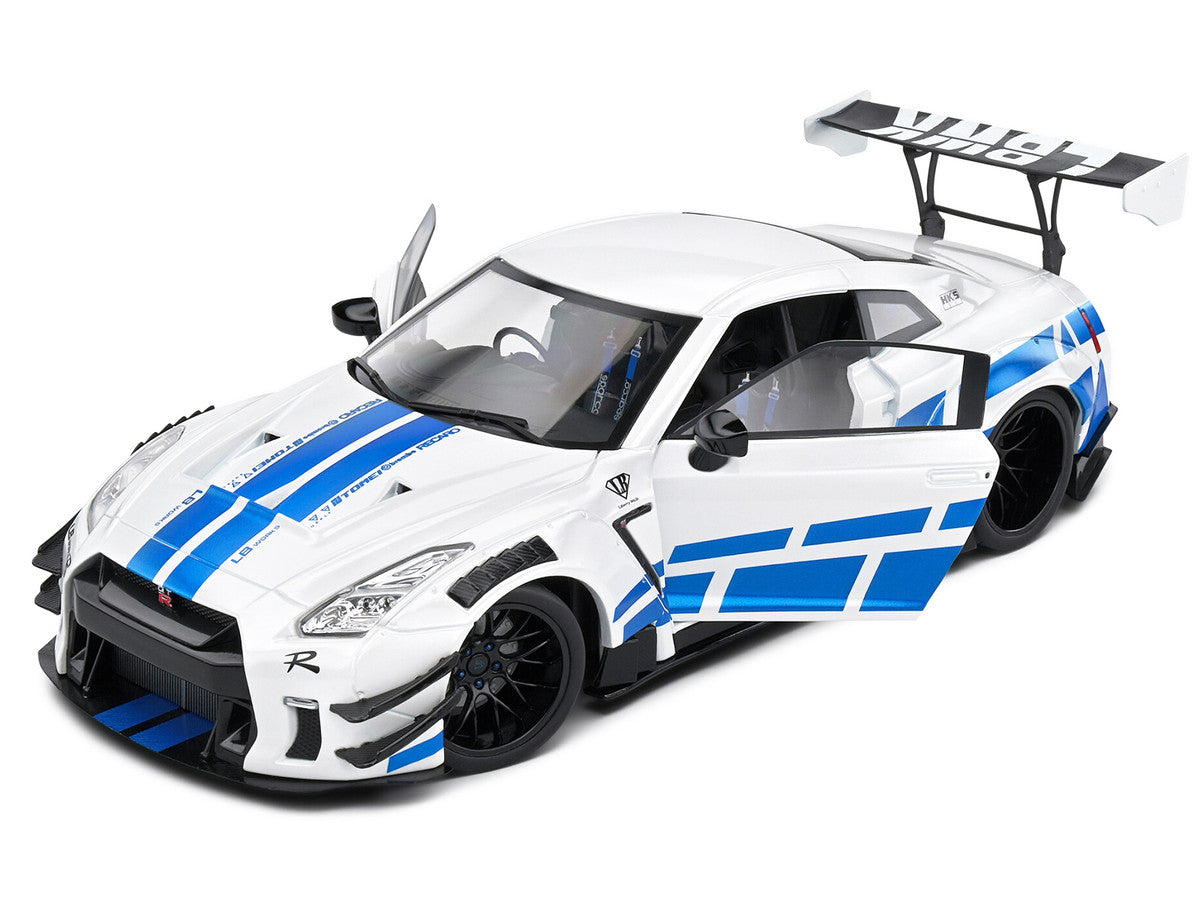 2024 Nissan GT-R (R35) RHD (Right Hand Drive) with Liberty Walk 2.0 Body Kit White Metallic with Blue Stripes "For Paul Tribute" 1/18 Diecast Model Car by Solido-1