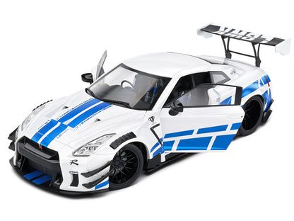 2024 Nissan GT-R (R35) RHD (Right Hand Drive) with Liberty Walk 2.0 Body Kit White Metallic with Blue Stripes "For Paul Tribute" 1/18 Diecast Model Car by Solido-1