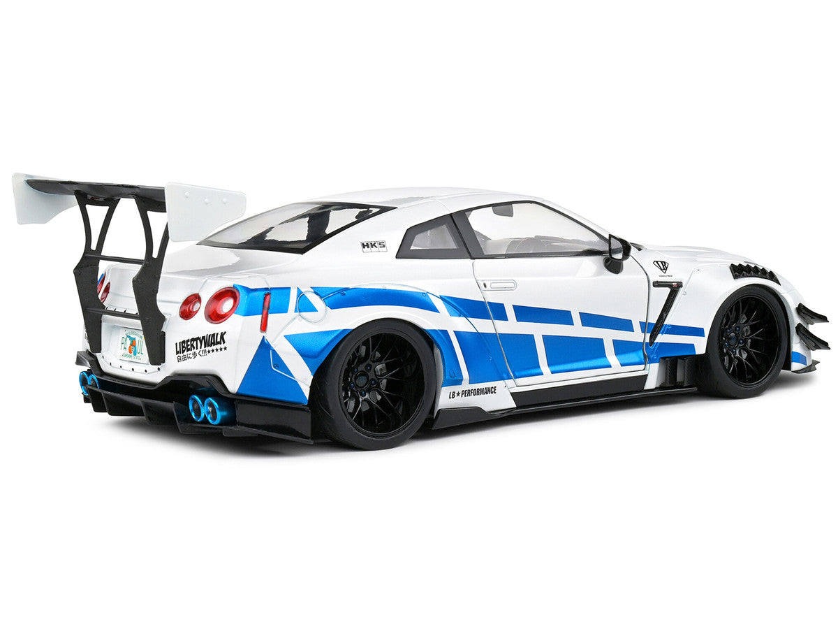 2024 Nissan GT-R (R35) RHD (Right Hand Drive) with Liberty Walk 2.0 Body Kit White Metallic with Blue Stripes "For Paul Tribute" 1/18 Diecast Model Car by Solido-4