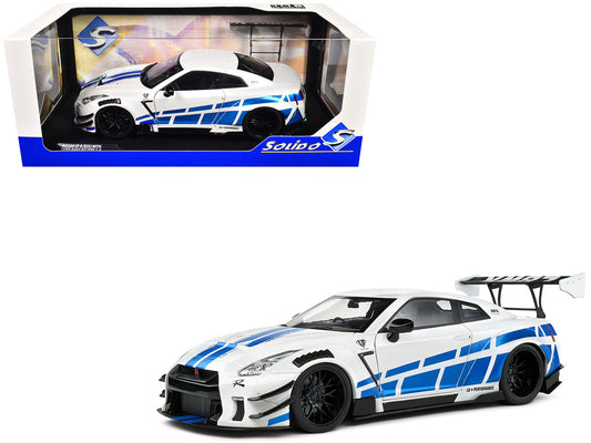 2024 Nissan GT-R (R35) RHD (Right Hand Drive) with Liberty Walk 2.0 Body Kit White Metallic with Blue Stripes "For Paul Tribute" 1/18 Diecast Model Car by Solido-0