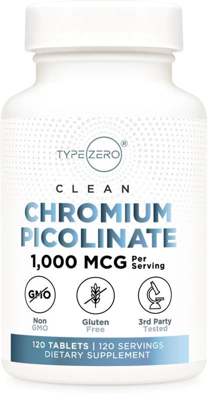 Type Zero Clean Chromium Picolinate Tablets (120 Servings 1000 MCG Per Serving) - Non-GMO Gluten Free