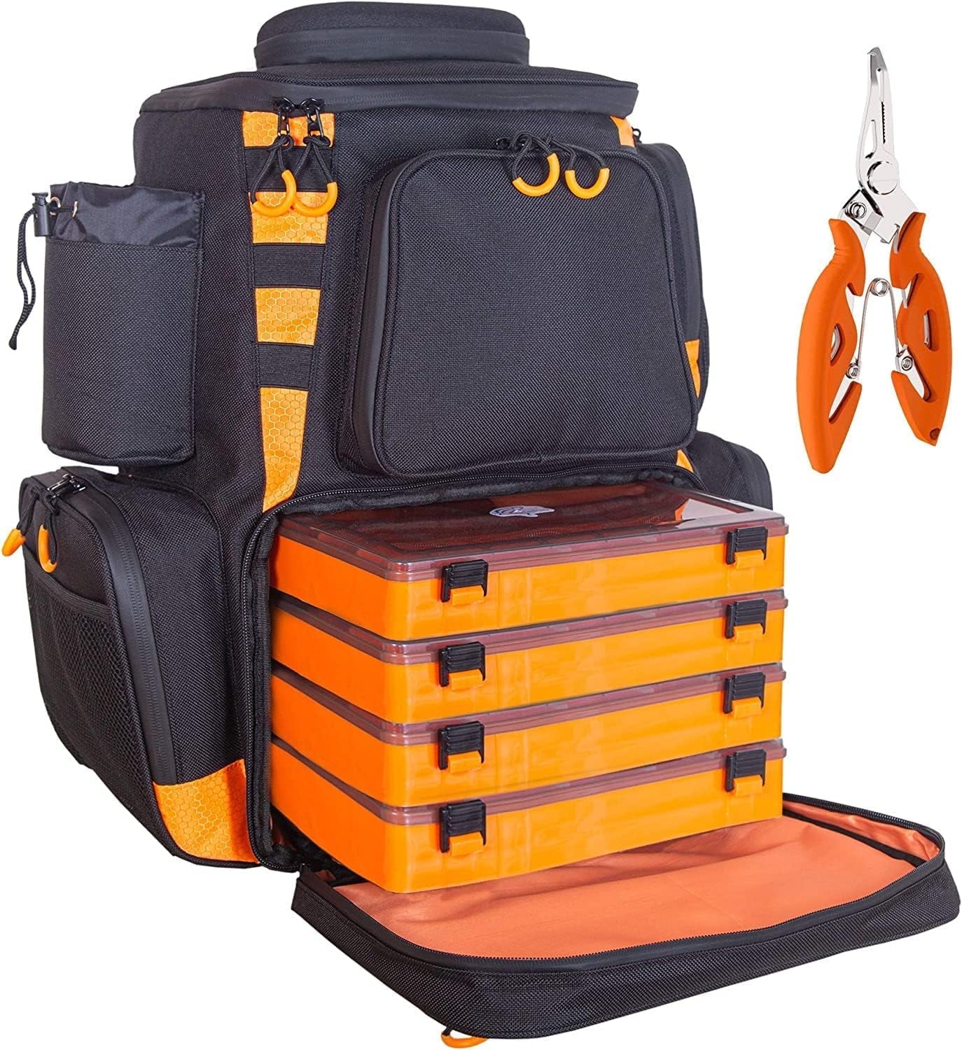 Fishing Backpack Waterproof Tackle Bag with Protective Rain Cover Includes 4 Tackle Boxes Stainless Steel Fishing Pliers and Lanyard, Black/Orange