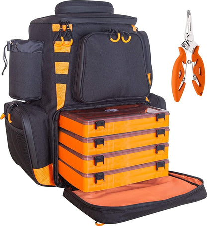 Fishing Backpack Waterproof Tackle Bag with Protective Rain Cover Includes 4 Tackle Boxes Stainless Steel Fishing Pliers and Lanyard, Black/Orange