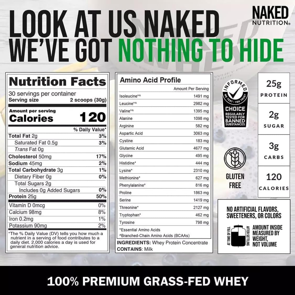 Naked Whey 2LB 100% Grass Fed Whey Protein Powder - Only 1 Ingredient, Unflavore