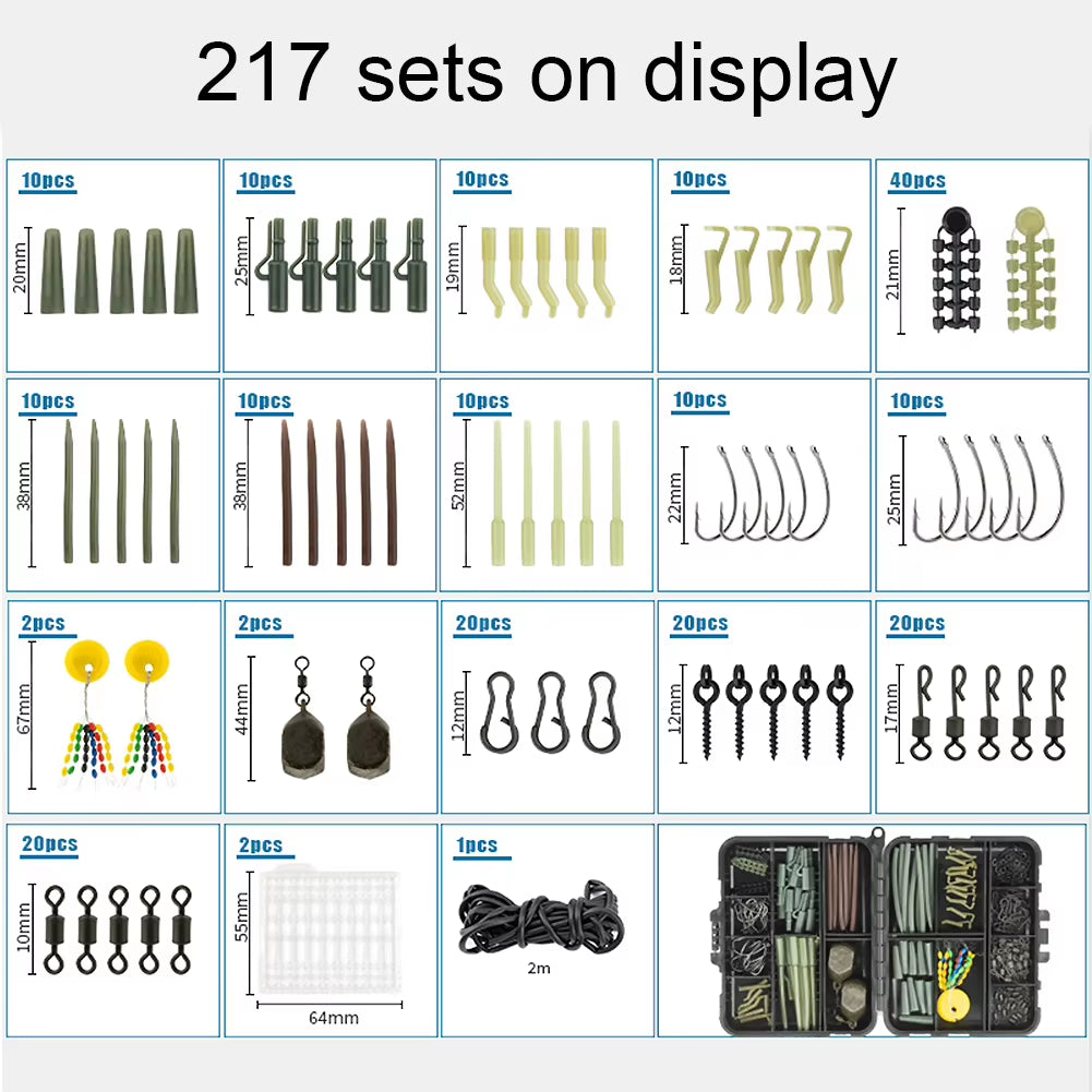 217Pcs Carp Fishing Kit Clip Quick Change Swivels Tail Sleeves Carp Fishing Terminal Fishing Accessories for Carp Fishing Rig