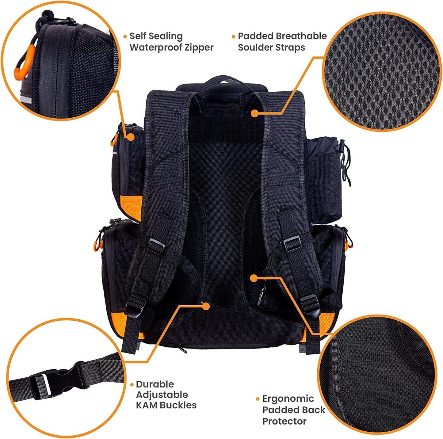 Fishing Backpack Waterproof Tackle Bag with Protective Rain Cover Includes 4 Tackle Boxes Stainless Steel Fishing Pliers and Lanyard, Black/Orange