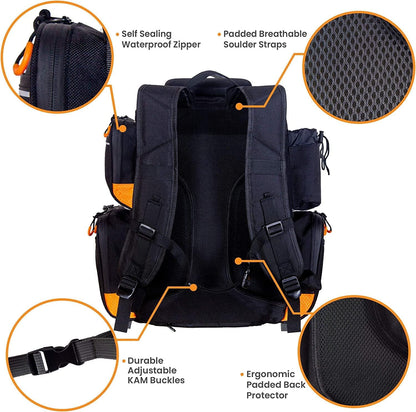 Fishing Backpack Waterproof Tackle Bag with Protective Rain Cover Includes 4 Tackle Boxes Stainless Steel Fishing Pliers and Lanyard, Black/Orange