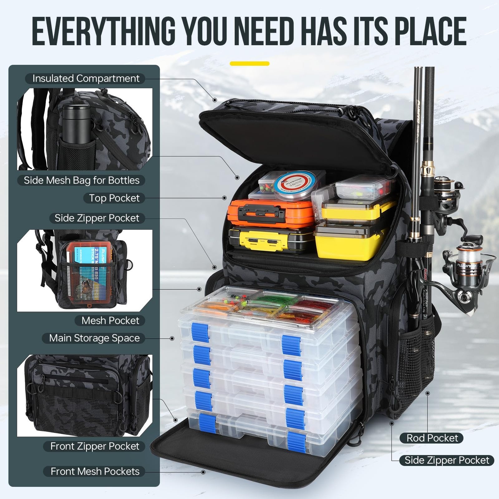 Fishing Backpack with Rod Holders & Cooler, 45L Large Water-Resistan