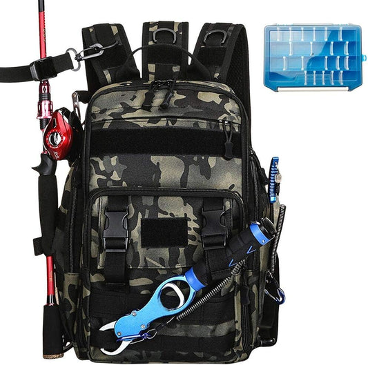 Fishing Tackle Backpack Storage Bag Outdoor Shoulder Backpack Waterproof Cross Body Sling Bag Fishing Gear Bag with Rod Holder (Green Camo + Tackle Box)