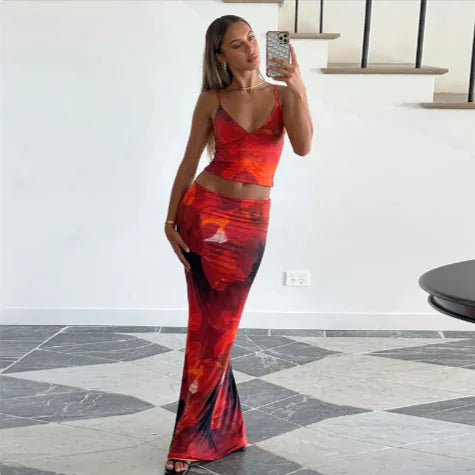 3D Print High Waist Slim Dress Set