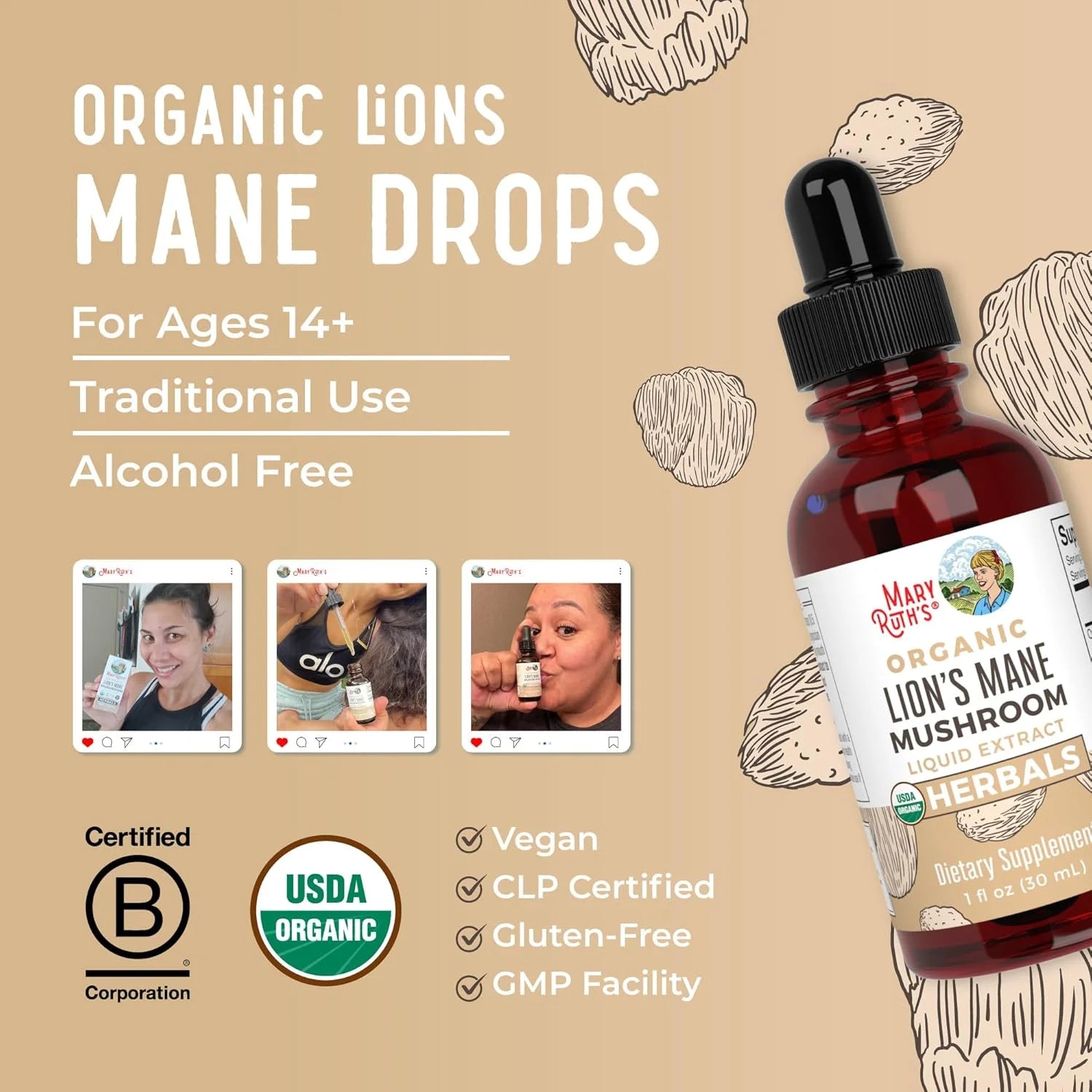 USDA Organic Lion’S Mane Mushroom Liquid Drops Nootropic Herbal Supplement Vegan, Non-Gmo 1 Fl Oz / 30 Ml