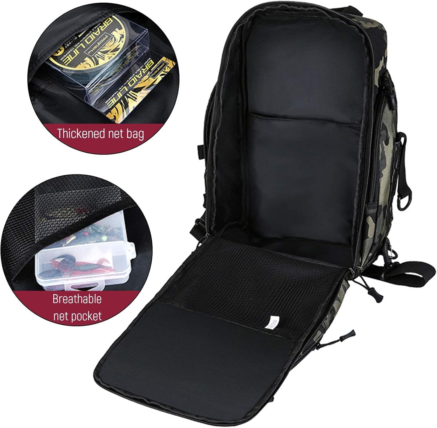 Fishing Tackle Backpack Storage Bag Outdoor Shoulder Backpack Waterproof Cross Body Sling Bag Fishing Gear Bag with Rod Holder (Green Camo + Tackle Box)