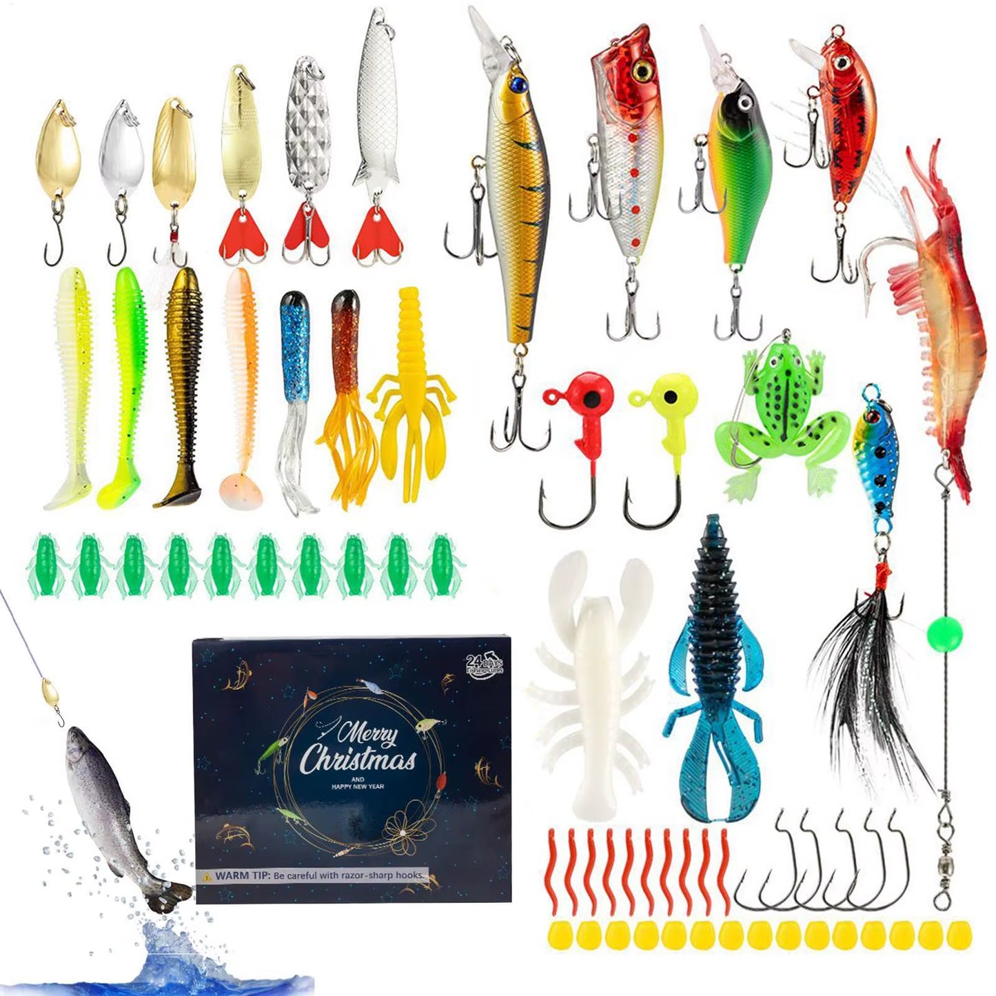 2025 Fishing Advent 24 Days of Christmas Countdown Calendar with Fishing Lures Portable Baits Tackle Gear for Men Adult Teen