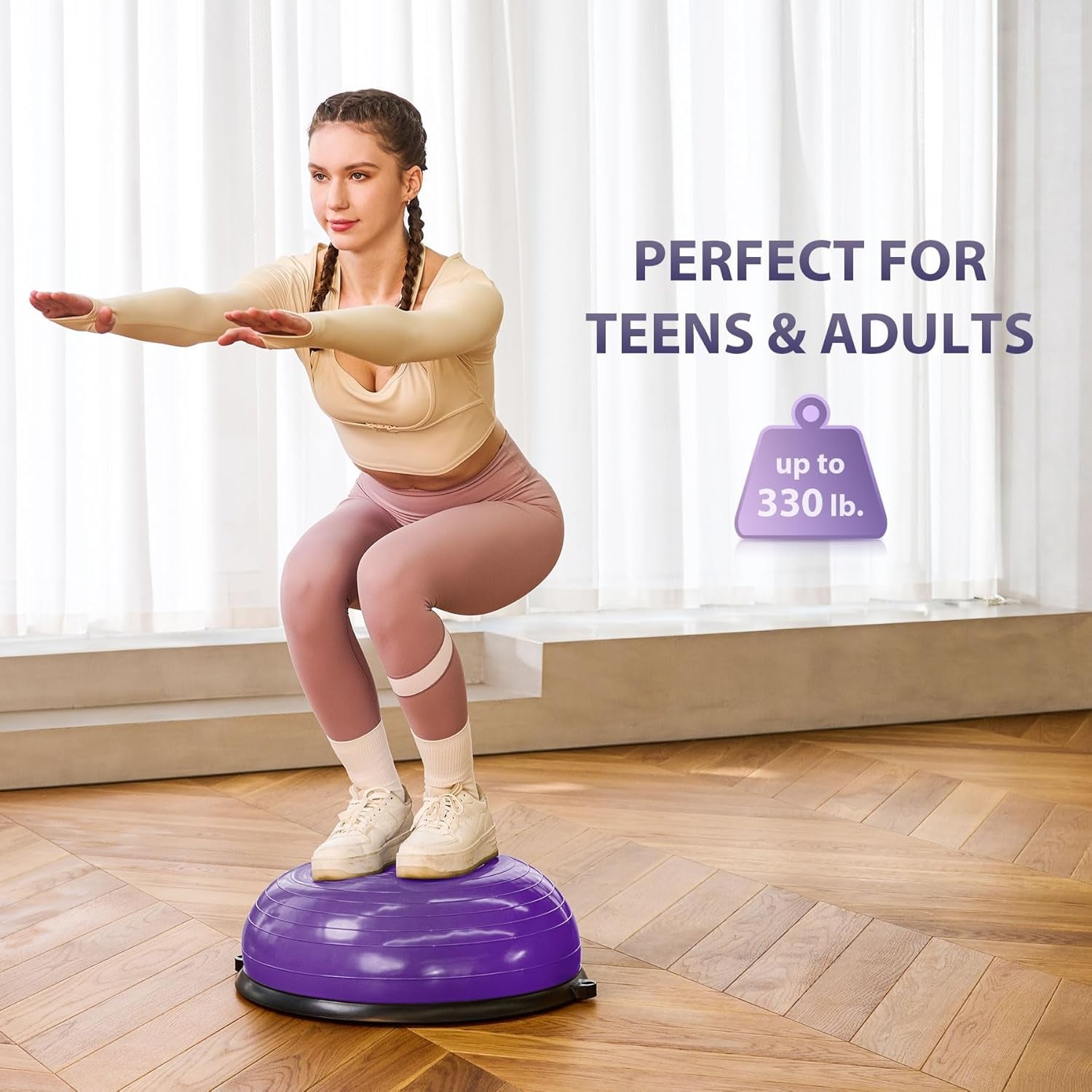Balance Ball Trainer with Resistance Bands and Foot Pump, Inflatable Yoga Ball for Home Gym Workouts, 23 Inch Exercise Half Ball for Balance Training Core Strength Fitness More, 330Lb Cap
