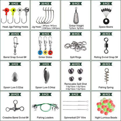 Fishing Accessories Equipment Kit Rig Set Including Sinker Bullet Weights,Fishing Swivels Snap,Sinker Slides,Jig Hook,Fishing Tackle Box for Bass Trout Freshwater Saltwater