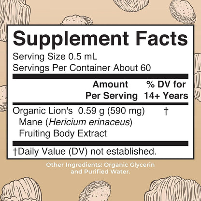 USDA Organic Lion’S Mane Mushroom Liquid Drops Nootropic Herbal Supplement Vegan, Non-Gmo 1 Fl Oz / 30 Ml